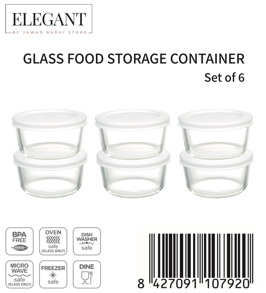 JV236RD ELEGANT GLASS BOWL WITH COVER WHITE  ( 6 PCS SET)  -سادة ابيض