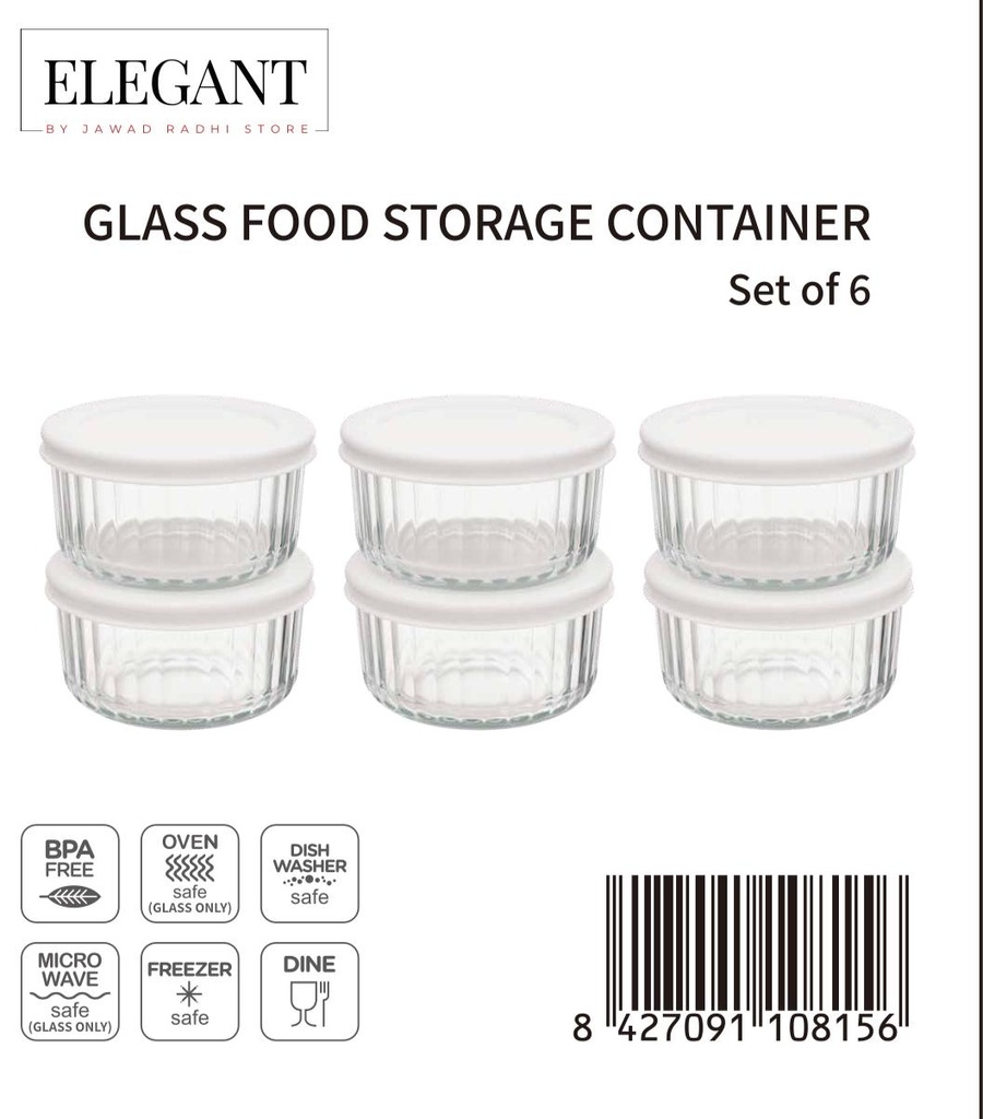  JV265RD Striped ELEGANT GLASS BOWL WITH COVER WHITE ( 6 PCS SET) - مخطط ابيض