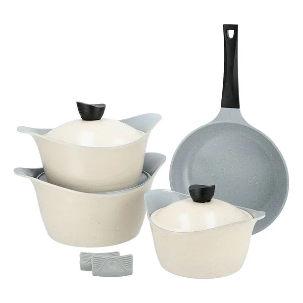 LAHOYA GRANITE COOKWARE SET 9 PCS (Pot + lid 20,24,26 cm + Frypan 26cm + Silicone Grip 2 pcs)