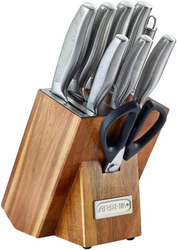 [4260672117291] ARSHIA S/S 10 PCS KNIFE  SET WOODEN BLOCK SILVER K259-3202 طقم سكاكين ارشيا 10 قطع 
