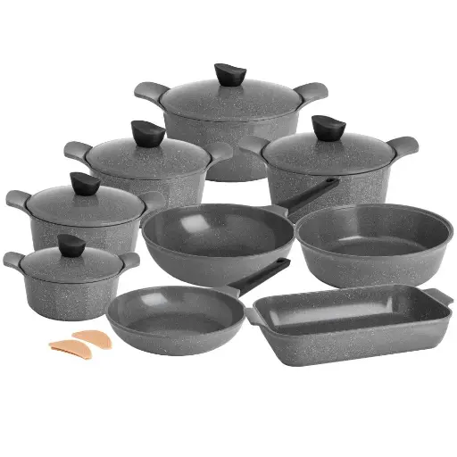 [6281093500163] JEWEL GRANITE COOKWARE SET 16 PCS (Pot + lid 18,20,22,24,28 cm + Frypan 26cm + Wok pan 28cm + Rectangular Oven Ware 31cm + Round Oven Ware 28cm + Silicone Handle 2Pcs)